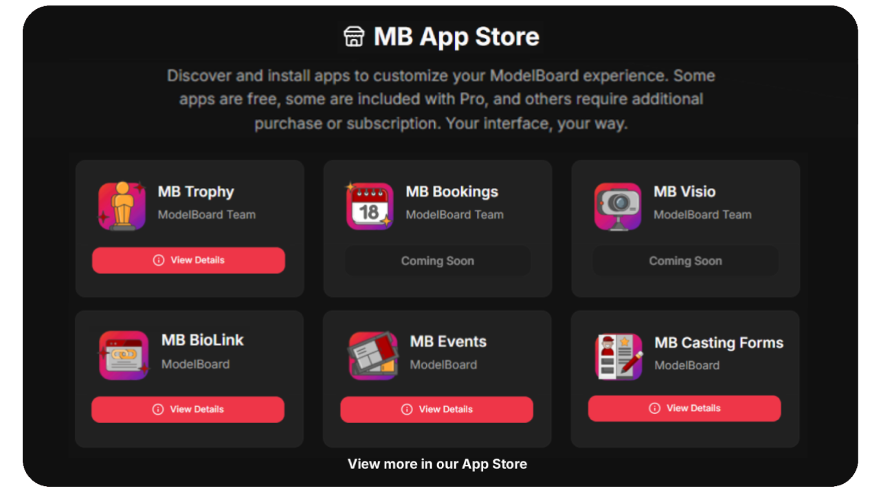 MB App Store — Trophy, Bookings, Visio, BioLink, Events and Casting Forms
